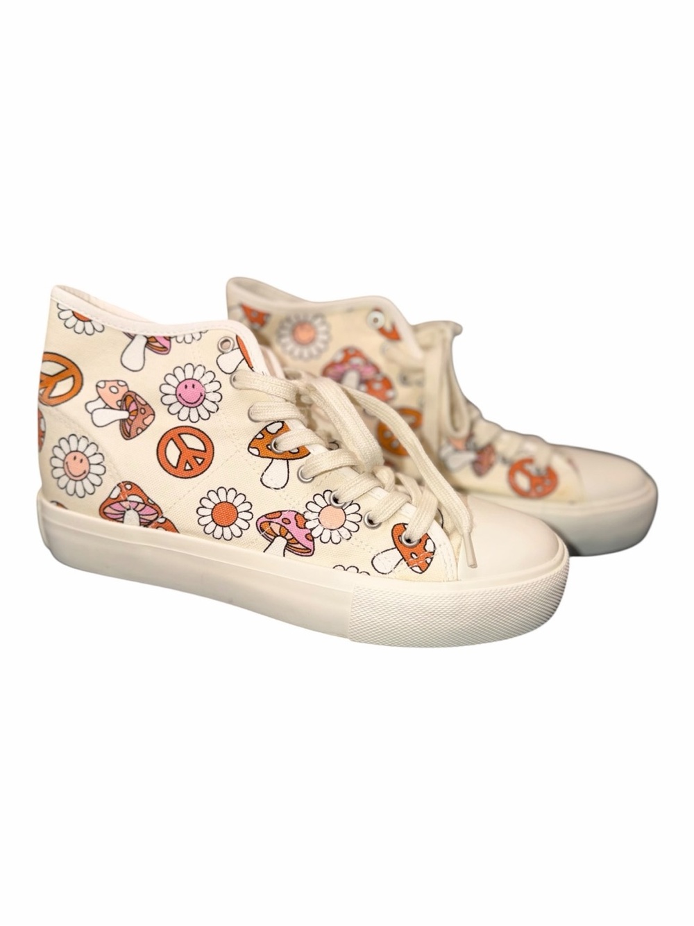American Eagle Cream High-Top Sneakers with Orange & Pink Mushroom & Daisy